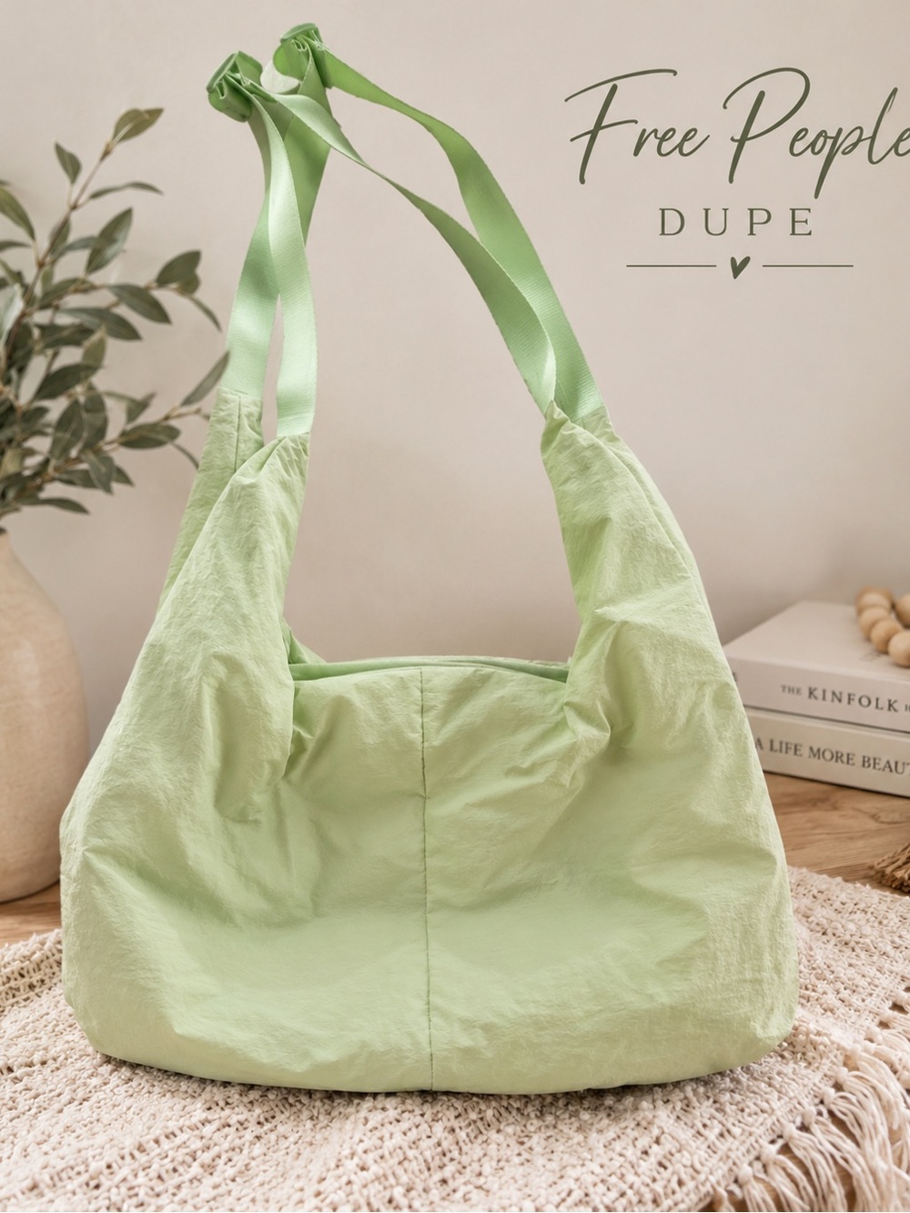 Pale Green Shoulder Hobo Bag with Ribbon Straps